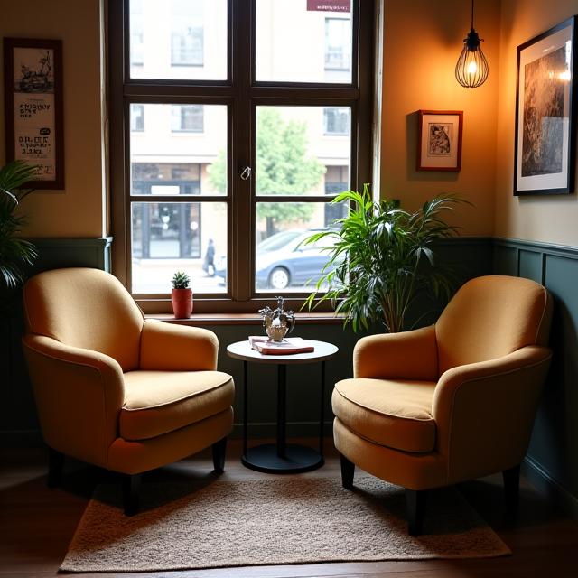 A cozy corner in The Daily Grind Coffee House with comfortable seating.