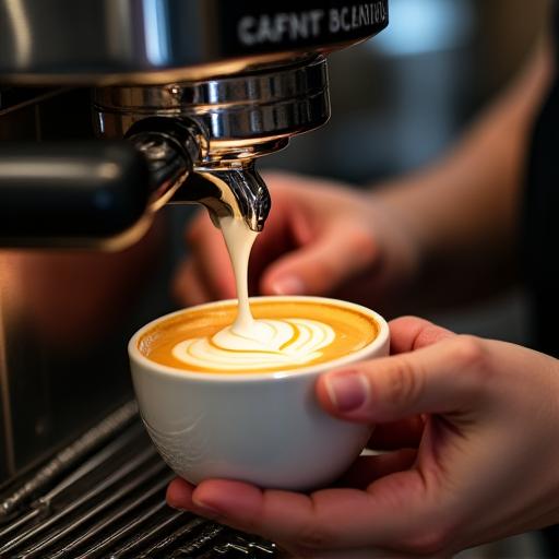 A barista carefully pouring steamed milk into a cup.