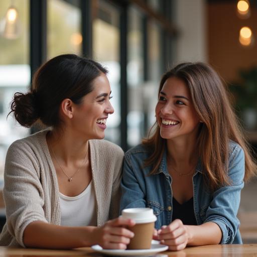 Two people smiling and chatting over coffee at a table.