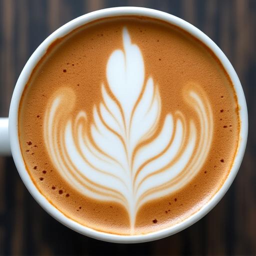 A close-up of a latte with intricate leaf-patterned art.