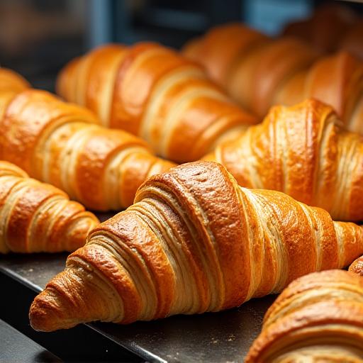 A display of freshly baked croissants and pastries.