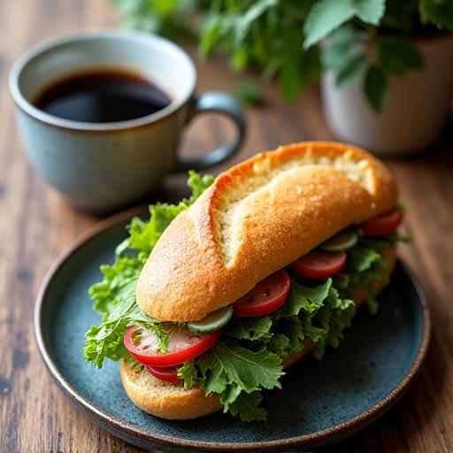 A plated sandwich next to a cup of black coffee.