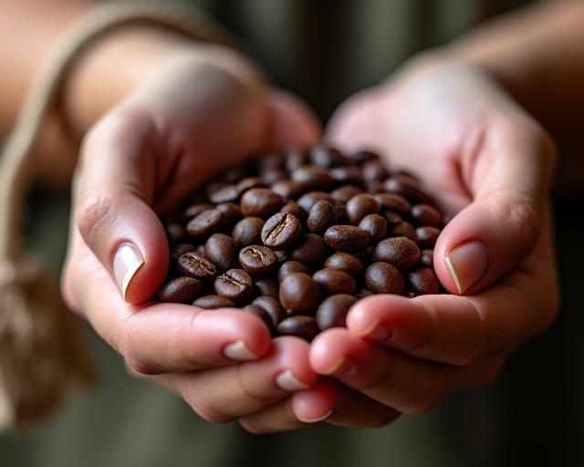 A hand holding freshly roasted single-origin coffee beans.